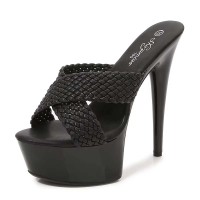 Peep Toe Stiletto Heels Cross Straps Platforms Sandals - Black Faux Leather