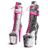 Round Toe Stiletto Heels Platforms Lace Up Side Zipper Snake Print Ankle Highs Boots - Pink Faux Leather