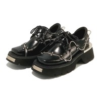 Square Toe Gothic Punk Style Lace Up Low Platforms Chunky Heels Steampunk Loafers - Black
