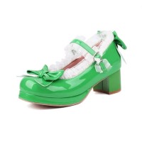 Round Toe Chunky Heels Bowknot Lolita Costumes Mary Janes Patent Pumps - Green
