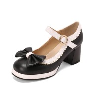 Round Toe Chunky Heels Butterfly Knot Lolita French Maid Costumes Mary Janes Patent Pumps - Black