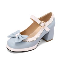 Round Toe Chunky Heels Butterfly Knot Lolita French Maid Costumes Mary Janes Patent Pumps - Blue