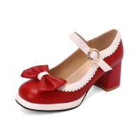 Round Toe Chunky Heels Butterfly Knot Lolita French Maid Costumes Mary Janes Patent Pumps - Red