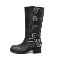 Round Toe Belt Buckles Retro Style Motorcycle Punk Four Season Boots - Black