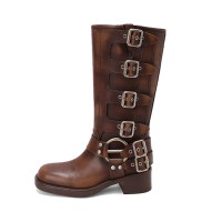 Round Toe Belt Buckles Retro Style Motorcycle Punk Four Season Boots - Brown