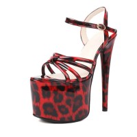 Peep Toe Leopard Print Elegant Stiletto Heels Platforms Ankle Buckle Straps Sandals - Red Patent