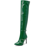 Pointed Toe Stiletto Heels Over the Knee Belt Buckle Straps Autumn Winter Stylish Boots - Green