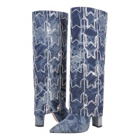 Pointed Toe Knee High Fold Down Star Embroidered Chunky Heels Boots - Blue