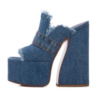Peep Toe Chunky Heels Denim Fabric Platforms Mules Slippers Sandals - Blue