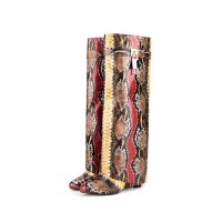 Round Toe Knee Highs Wedges Lock Decorated Side Zipper Fashion Rain Boots - Snake Red
