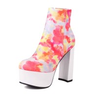 Round Toe Chunky Heels Zipper Waterproof Colorful Platforms Boots - Red Faux Leather