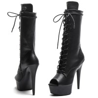 Peep Toe Side Zipper Stiletto Heels Platforms Knee Highs Lace Up Boots - Black