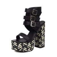 Peep Toe Chunky Heels Platforms Three Row Belt Buckle Straps Printed Sandals - Black Faux Leather