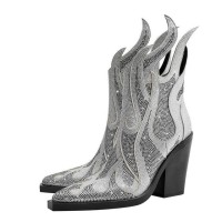 Pointed Toe Rhinestone Flames Chunky Heels Side Zipper Western Boots - Silver