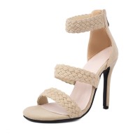 Peep Toe Stiletto Heels Ankle Straps Back Zipper Sandals - Beige