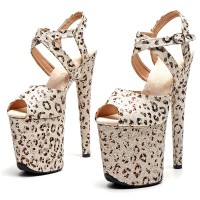 Peep Toe Stiletto Heels Leopard Print Ankle Cross Straps Platforms Sandals  - Beige Faux Leather