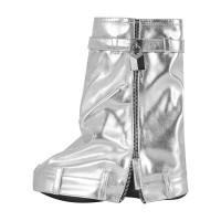 Round Toe Fold Over Mid Calf Knee Highs Lock Decorated Wedges Boots - Silver Faux Leather
