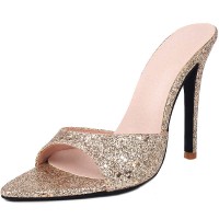 Pointed Toe Stiletto Heels Glitters Slippers Sandals - Gold