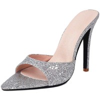 Pointed Toe Stiletto Heels Glitters Slippers Sandals - Silver