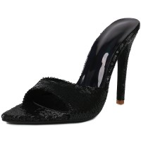 Pointed Toe Stiletto Heels Sequined Slippers Sandals - Black