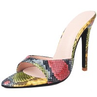 Pointed Toe Snake Print Stiletto Heels Slippers Sandals - Gold