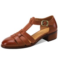Round Toe Summer Ankle Straps Gladiator Fretwork Rustic Flat Sandals - Auburn