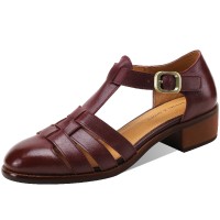 Round Toe Summer Ankle Straps Gladiator Fretwork Rustic Flat Sandals - Wine Red