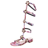 Peep Toe Knee High Buckle Straps Rhinestones Flats Slippers Sandals - Rose Red