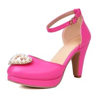 Round Toe Block Heels Love Heart Shaped Pearl Beads Ankle Buckle Straps Sandals - Rose Faux Leather