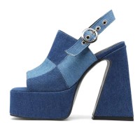Open Square Toe Chunky Heels Platforms Slingback Denim Sandals - Blue