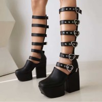 Metal Heart Buckle Square Toe Knee-High Gladiator Boots - Black Faux Leather