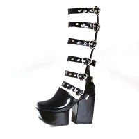 Square Toe Platforms Chunky Heels Heart Shaped Buckle Straps Knee highs Boots - Black Faux Leather & Patent