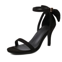 Peep Toe Ankle Buckle Straps Back Ribbon Stiletto Heels Suede Sandals - Black