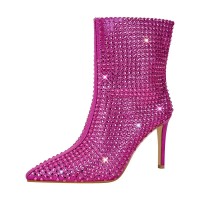 Pointed Toe Stiletto Heels Rhinestone Side Zipper Ankle High Boots - Pink Purple