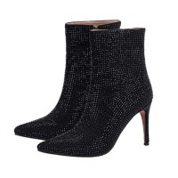 Pointed Toe Stiletto Heels Rhinestone Side Zipper Ankle High Boots - Black