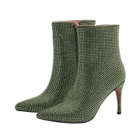 Pointed Toe Stiletto Heels Rhinestone Side Zipper Ankle High Boots - Green