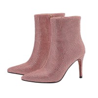 Pointed Toe Stiletto Heels Rhinestone Side Zipper Ankle High Boots - Pink