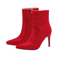 Pointed Toe Stiletto Heels Rhinestone Side Zipper Ankle High Boots - Red