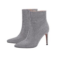 Pointed Toe Stiletto Heels Rhinestone Side Zipper Ankle High Boots - Silver