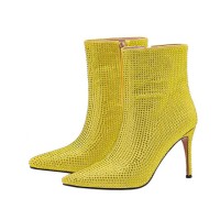 Pointed Toe Stiletto Heels Rhinestone Side Zipper Ankle High Boots - Yellow