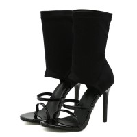 Peep Toe Stiletto Heels Ankle Highs Stretch Fabric Spring and Fall Sandals Boots - Black
