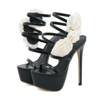 Peep Toe Flowers Ankle Straps Stiletto Heels Platforms Pumps - Black