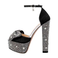 Peep Toe Square Heels Ankle Straps Denim Rhinestones Platforms Pumps - Black