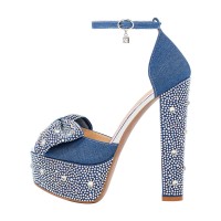 Peep Toe Square Heels Ankle Straps Denim Rhinestones Platforms Pumps - Blue