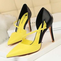 Pointed Toe Stiletto Heels Elegant Cross Straps Double Colors Pumps - Yellow Faux Leather