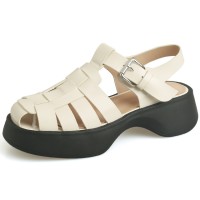 Round Toe Comfortable Ankle Buckle Straps Summer Leather Sandals - Beige