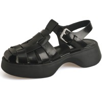 Round Toe Comfortable Ankle Buckle Straps Summer Leather Sandals - Black