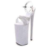 Peep Toe Stiletto Heels Sequined Ankle Buckle Cross Straps Platforms Pumps - Gray