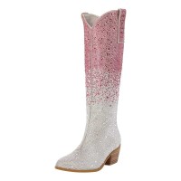 Pointed Toe Chunky Heels Glitter Bling Shiny Knee Highs Boots - Pink White