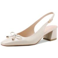 Pointed Toe Lace Decorated Slingbacks Chunky Heels Sandals - Light Beige